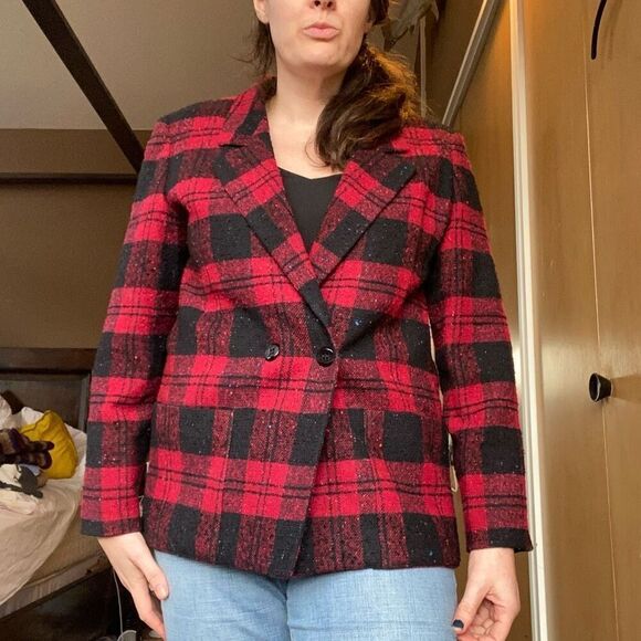 Vintage Red Wool Plaid Double-Breasted Holiday Blazer Union Made - M - Picture 10 of 10